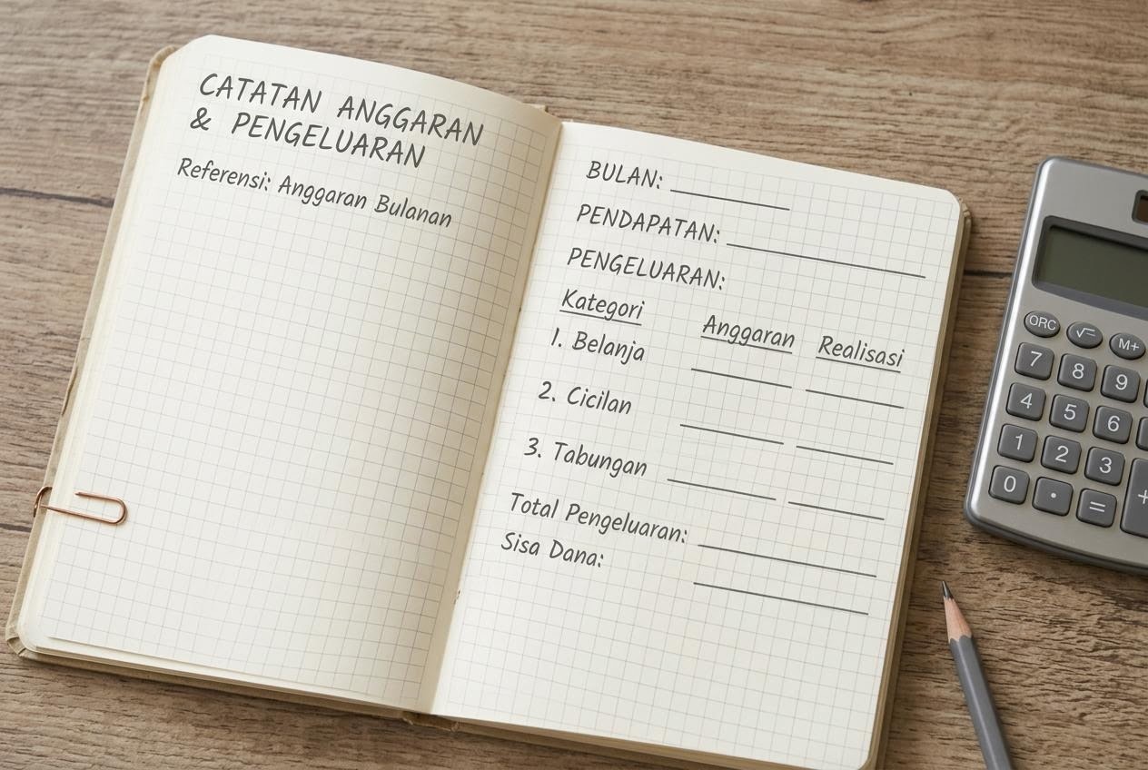 Buku catatan keuangan pribadi terbuka dengan beberapa kategori belanja kosong ditulis tangan di atas halaman kotak-kotak kecil yang netral, ditemani kalkulator sederhana