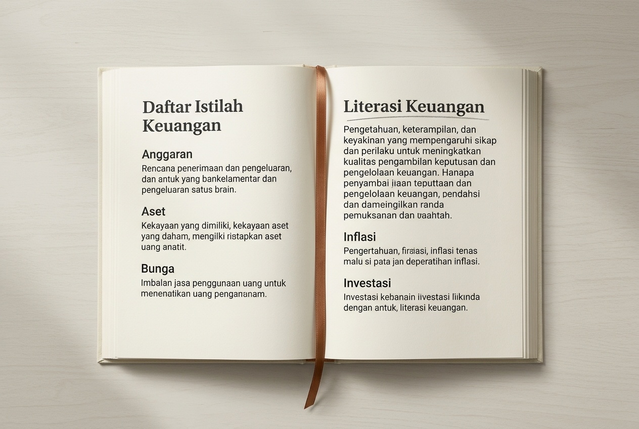 Halaman terbuka kamus keuangan sederhana di atas meja kayu muda, dengan satu penanda halaman tipis bertuliskan garis bawah pensil