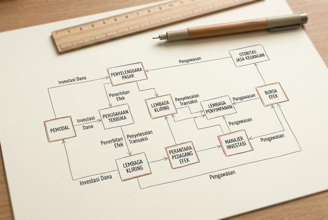 Diagram sederhana digambar tangan di atas kertas krem menggambarkan struktur dasar pasar modal dengan kotak dan panah tipis, ditemani pena dan penggaris kayu