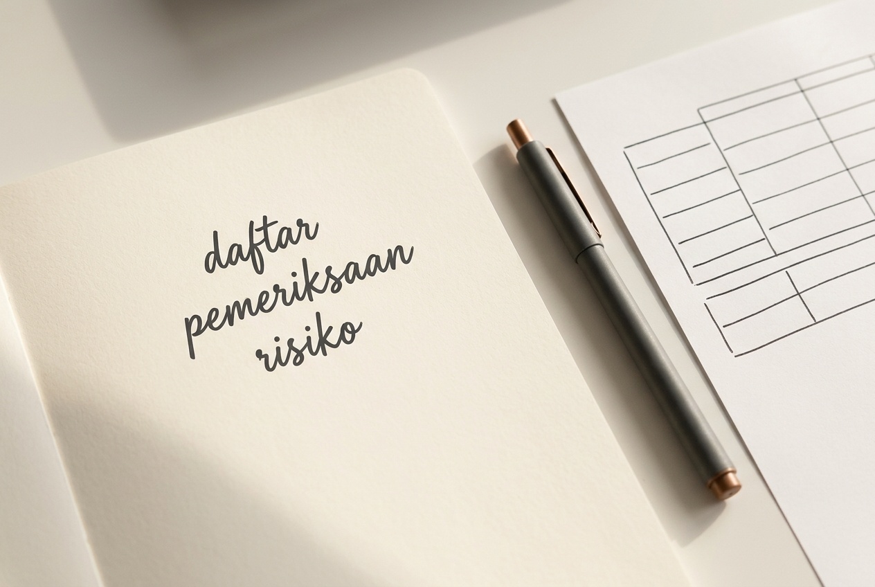 Catatan tulisan tangan bertuliskan daftar pemeriksaan risiko di atas meja kertas krem, ditemani pena tunggal dan secarik kertas berisi tabel ringan tanpa angka