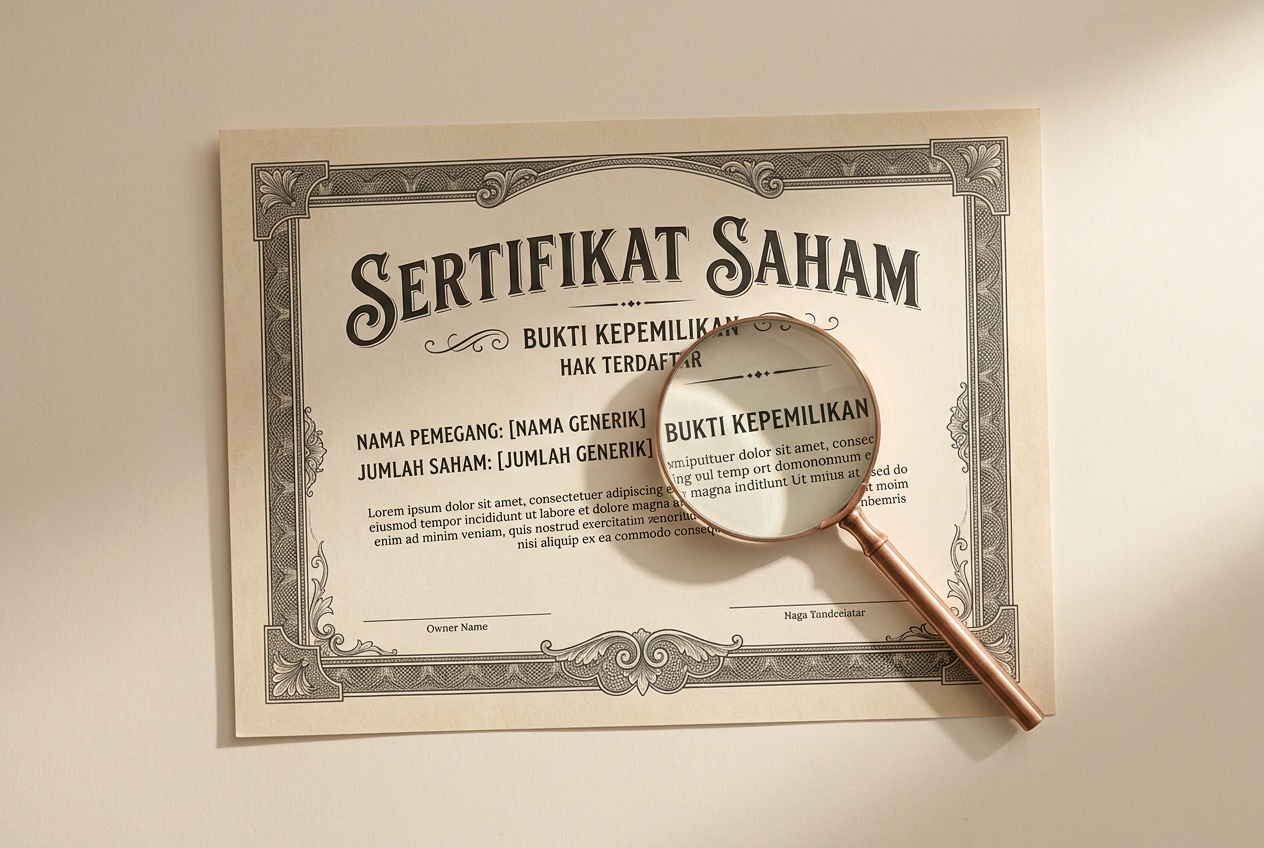Sertifikat saham ilustratif generik dengan tipografi serif diletakkan datar di atas kertas krem, dengan kaca pembesar kecil menunjuk bagian bukti kepemilikan